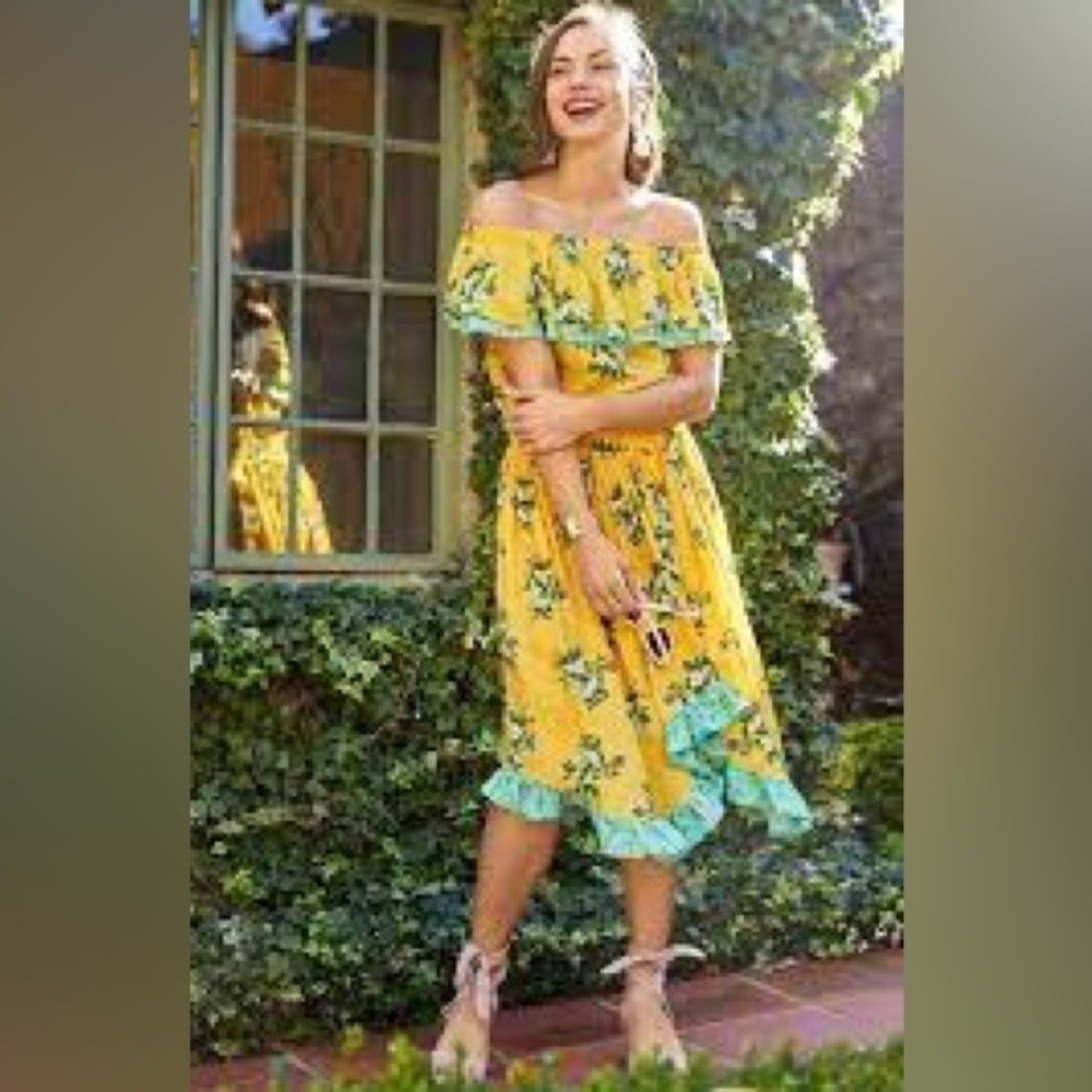 Matilda Jane NWT Hook on a feeling yellow green ruffle off shoulder dress XS